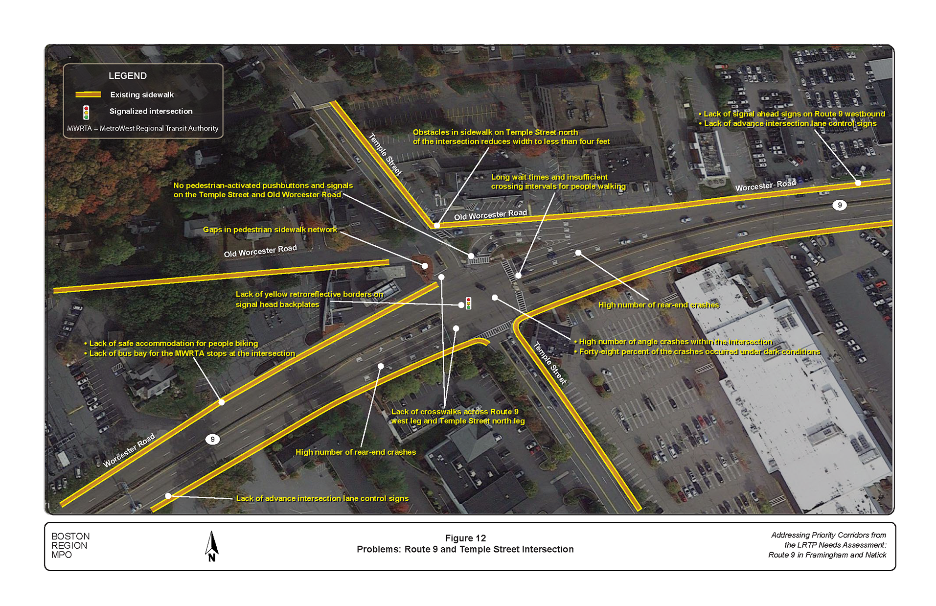 Figure 12 is an aerial photo showing the intersection of Route 9 and Temple Street and the problems